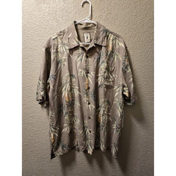 Jamaica Jaxx Brown Floral Linen Short Sleeve Collared Hawaiian Shirt Sz Large - Picture 1 of 7